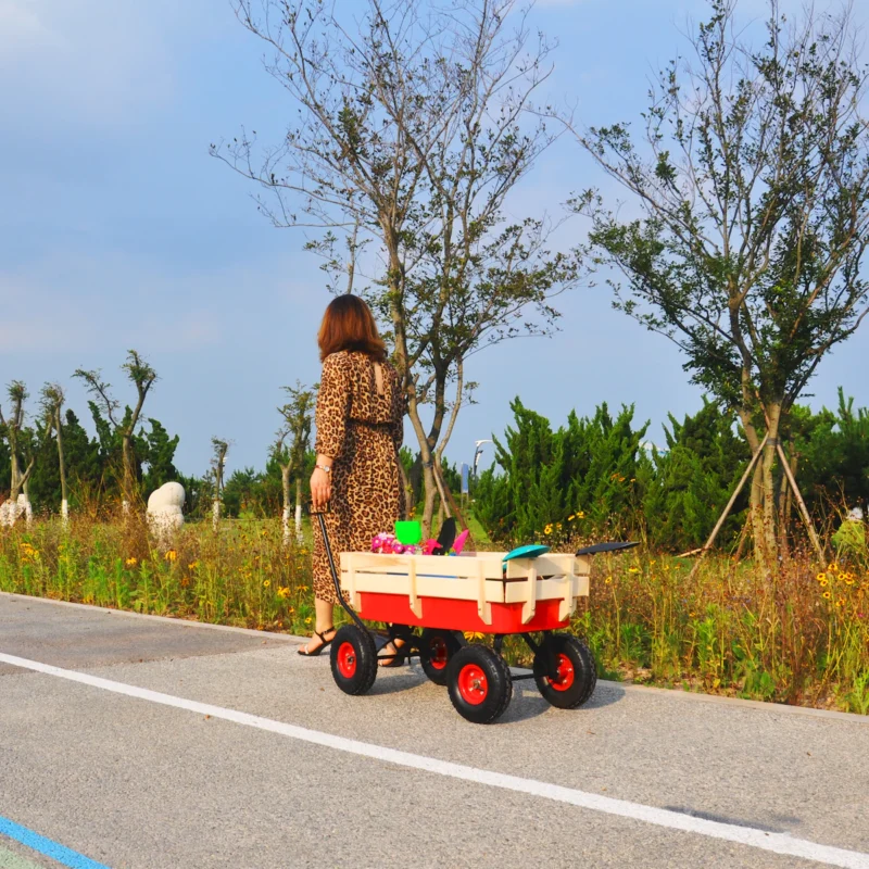 outdoor sport wagon tools cart wooden side panels air tires Wagon (red) - Image 27
