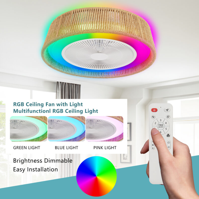 21" Modern Rustic Ceiling Fan Light with LED RGB Mood Lighting, Rope Woven Design, Quiet Fan, Semi Flush Mount for Bedroom, Living Room, or Dining Room ((Silent/6-Speed/Reversible/DC Motor)) - Image 5