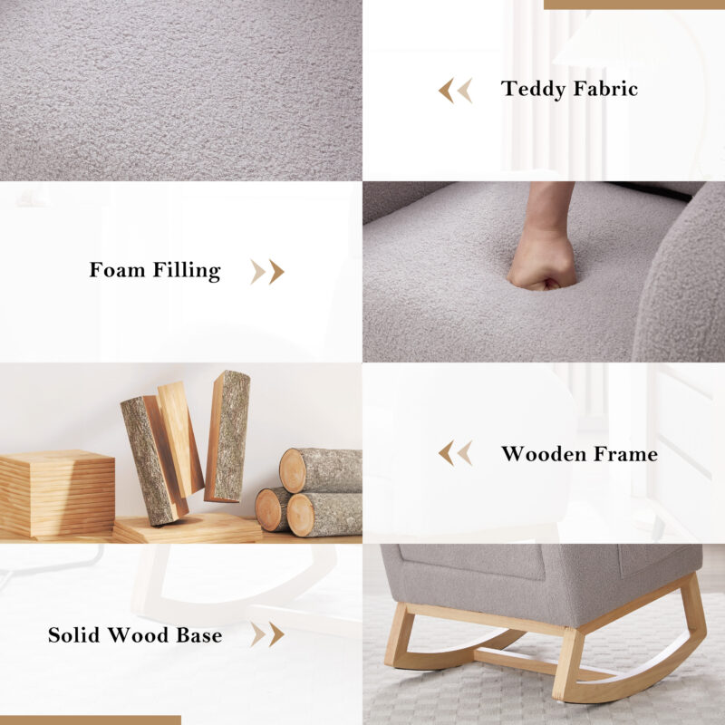 015B-Teddy Fabric Leisure Rocking Chair,Nursery Rocking Chair With Adjustable Footstool,Thickened Headrest And High Backrest, Storage Pocket On The Right Side,The Base Rocker Is Solid Wood - Image 19