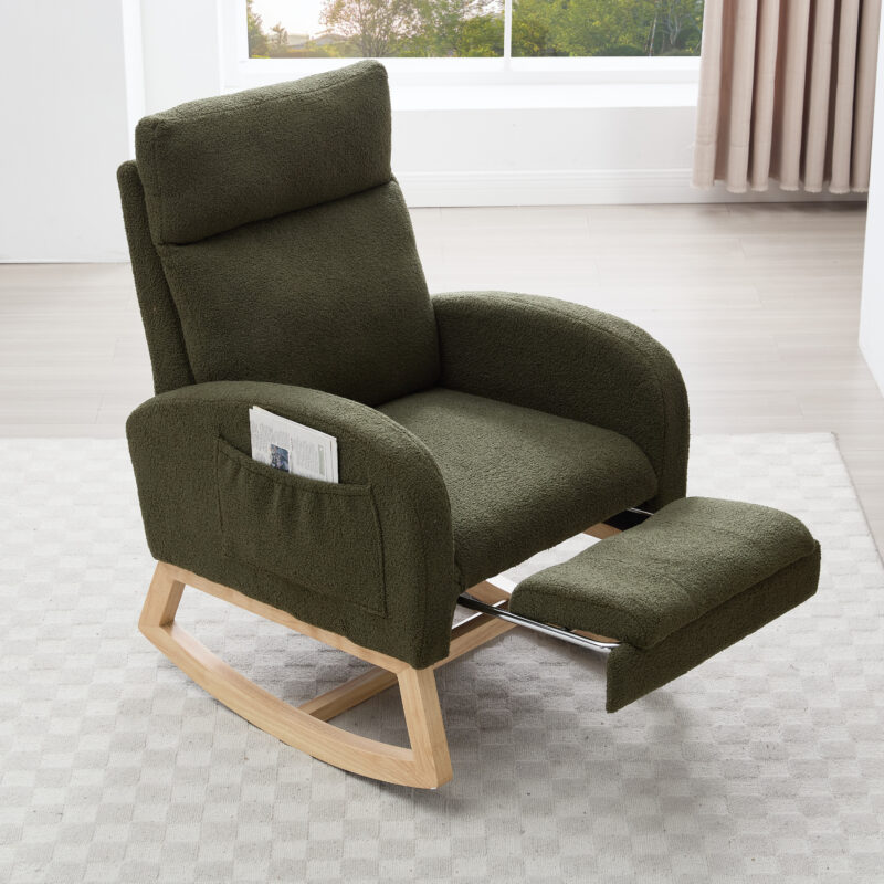 015B-Teddy Fabric Leisure Rocking Chair,Nursery Rocking Chair With Adjustable Footstool,Thickened Headrest And High Backrest, Storage Pocket On The Right Side,The Base Rocker Is Solid Wood - Image 8
