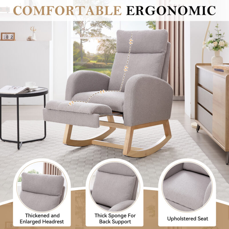 015B-Teddy Fabric Leisure Rocking Chair,Nursery Rocking Chair With Adjustable Footstool,Thickened Headrest And High Backrest, Storage Pocket On The Right Side,The Base Rocker Is Solid Wood - Image 16