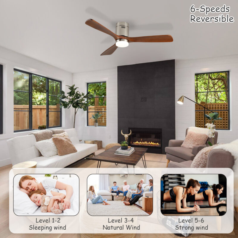 52 Inch Ceiling Fan with Light, 3 Light Walnut Solid Wood Blades,Remote Control,6-speed Reversible DC Motor for Bed Room,Dining Room,Living Room. - Image 2