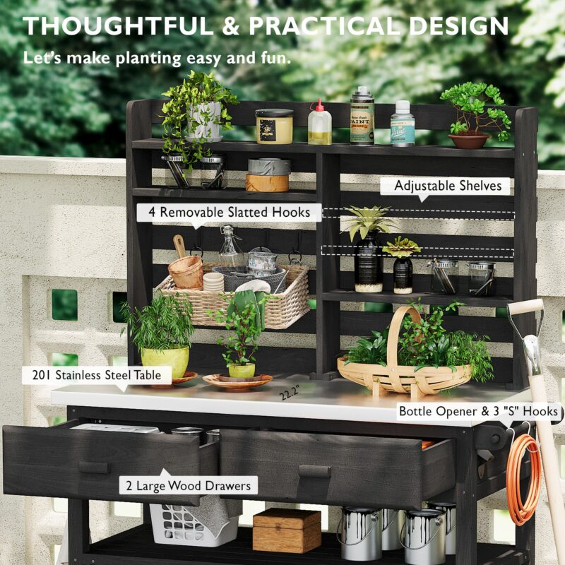 K&K 64.9"H Outdoor Potting Bench Table with Lockable Wheels, Solid Wood Outdoor Kitchen Island with Upper Hutch, Stainless Steel Top, Towel Rack ,Outdoor Storage for Grilling, Lawn Garden -Grey Blue - Image 33