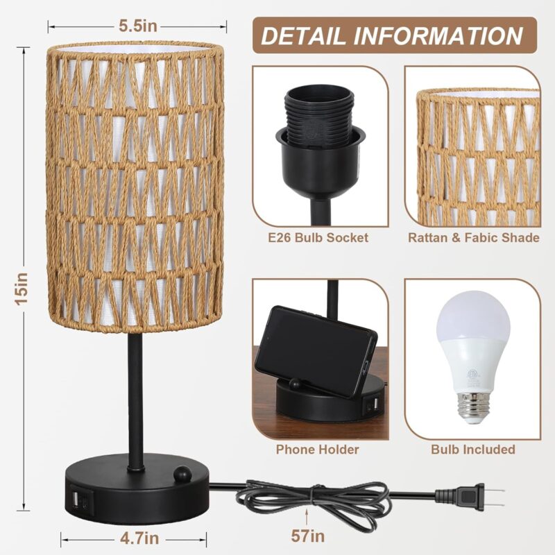 Touch Table Lamp For Bedroom with Bulb, Boho Small Desk Lamp For Living Room With Rattan & Linen Shade, 3 Way Dimmable Bedside Table Lamp For Nightstand With USB Charging Port & Phone Stand For Office - Image 6