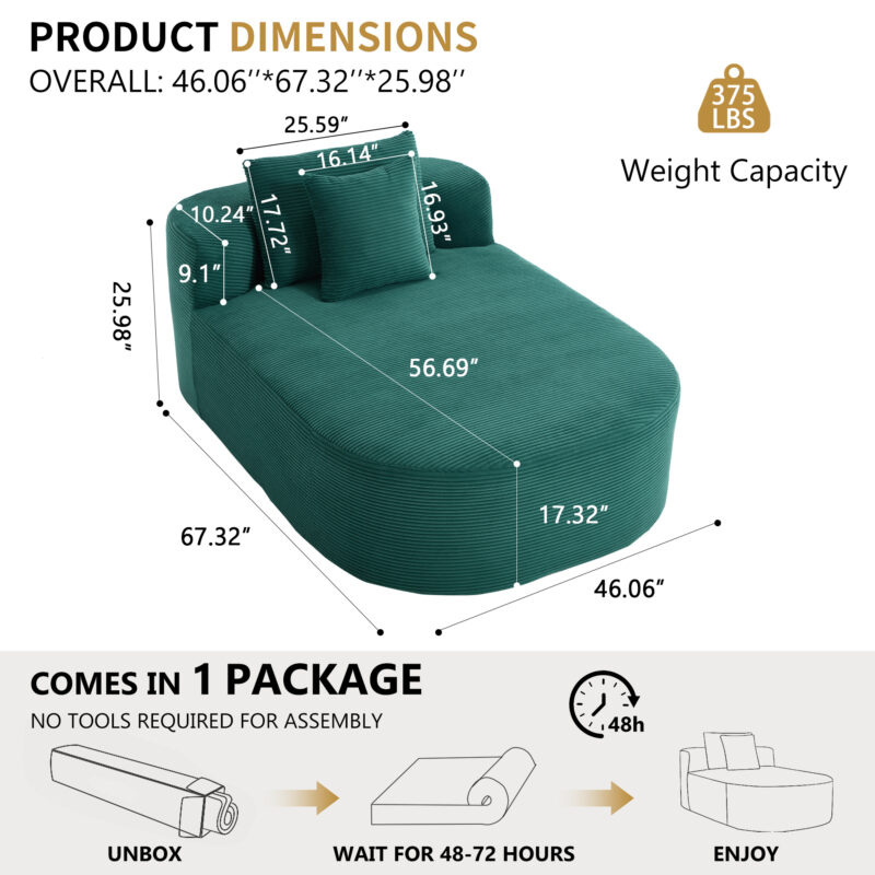 67.5''Chaise Lounge Chair 46'' Wide Seat Indoor Corduroy Oversized Sleeper Sofa for Living Room Deep Seat Lounge and Two Soft Pillows Convertible Boneless Sofa Bed, Green,No Assembly Required - Image 28