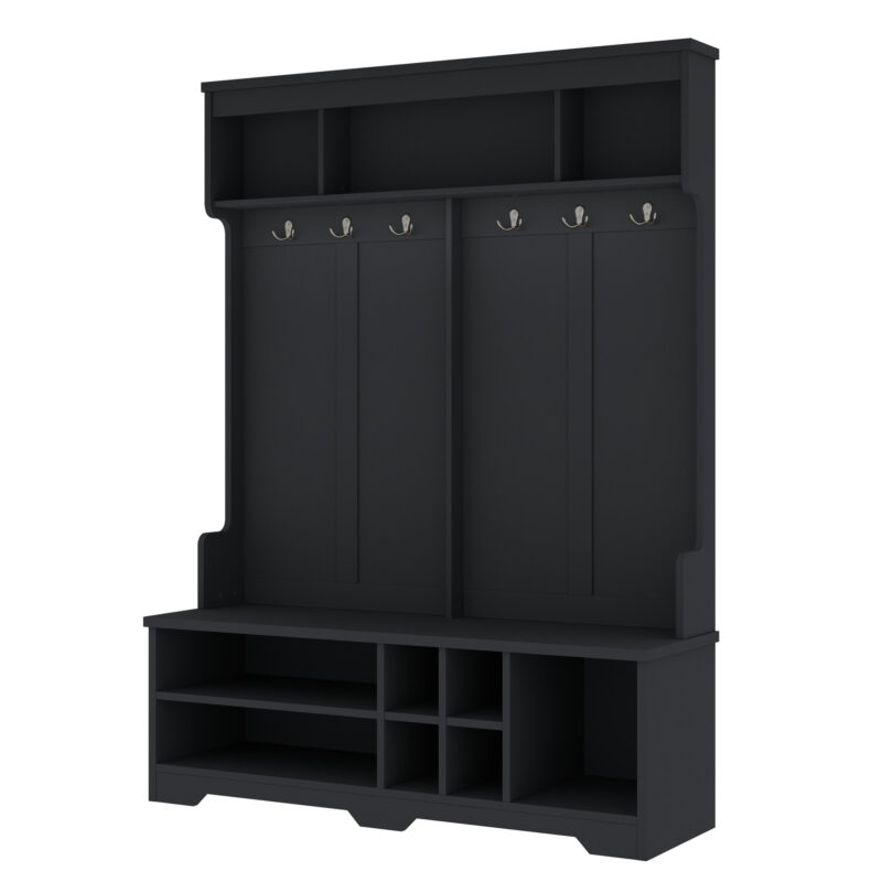 Modern Hallway Hall Tree with Metal Hooks and Storage Space, Multi-Functional Entryway Coat Rack with Shoe Cubbies, Black - Image 4