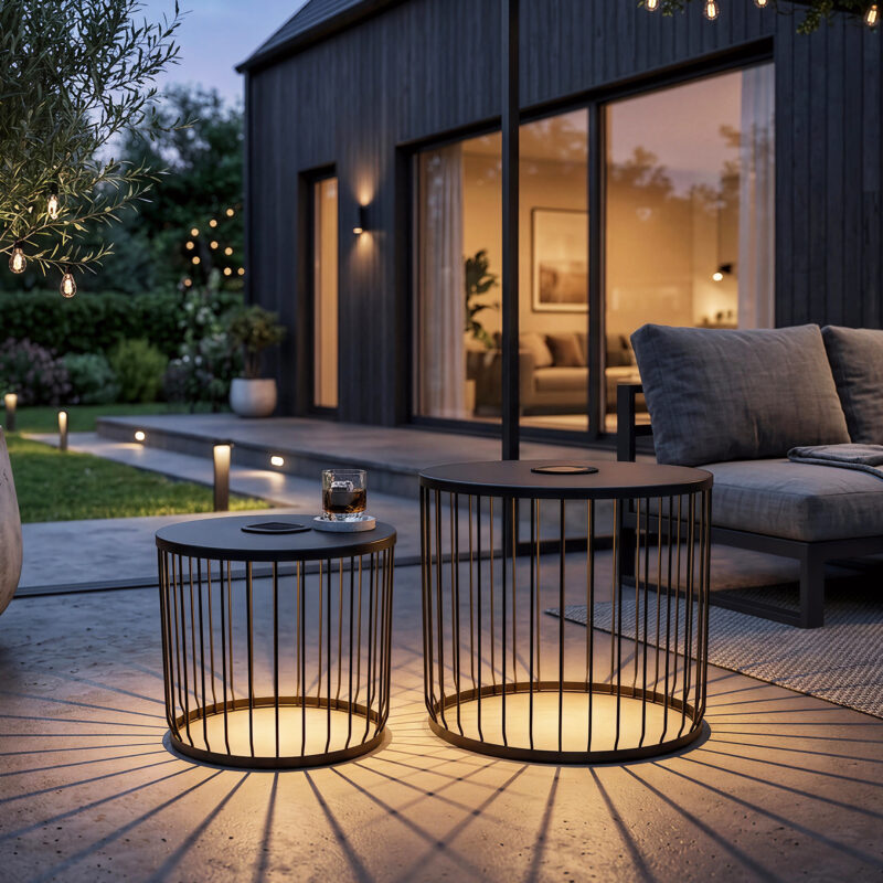 2-Pack Solar Powered Nesting Side Table Set, Modern Round End Tables with Solar LED Lights, Metal Wire Cage Accent Tables, Indoor/Outdoor Patio Nightstand for Living Room, Balcony, Garden, Matte Black - Image 2