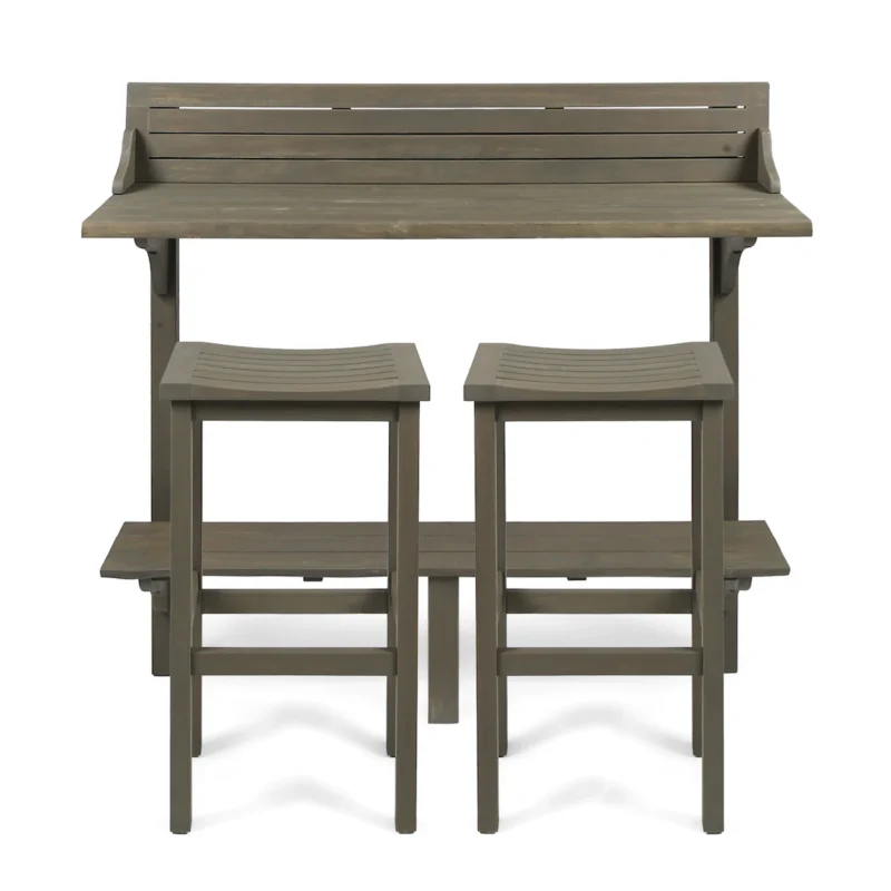 3-Piece Balcony Bar Set with Bottom Shelf Table and 2 Stools, Grey Finish - Image 13