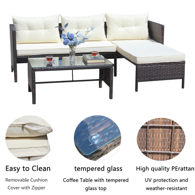 Outdoor patio Furniture sets 3 piece Conversation set wicker Ratten Sectional Sofa With Seat Cushions(Beige Cushion) - Image 7