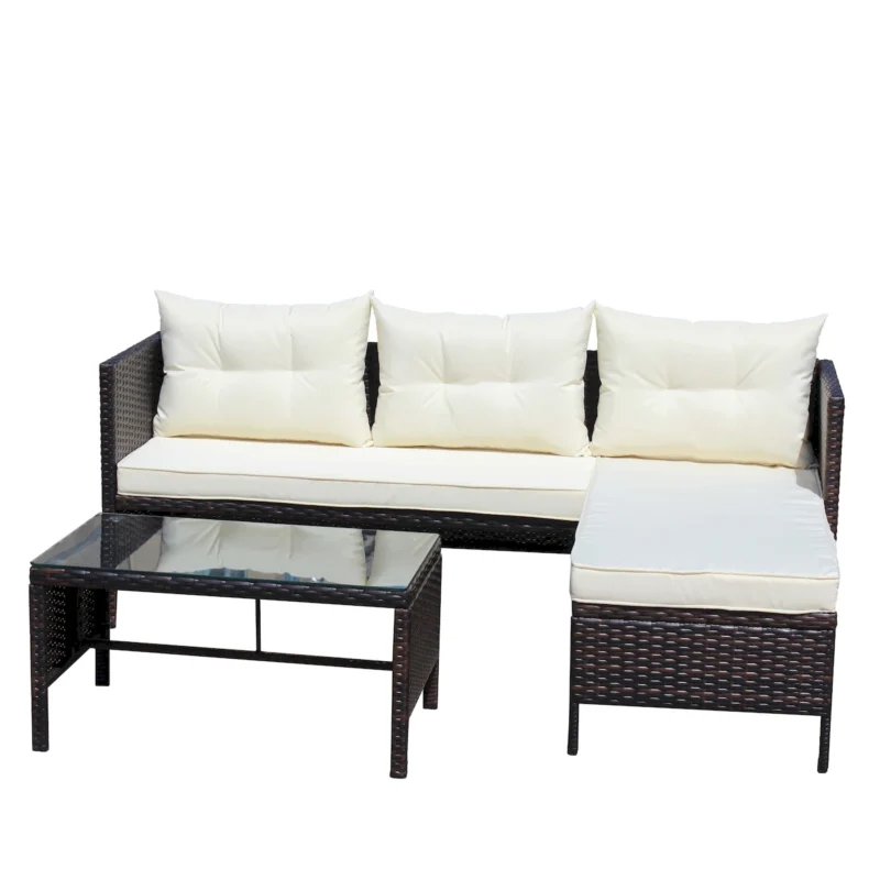 Outdoor patio Furniture sets 3 piece Conversation set wicker Ratten Sectional Sofa With Seat Cushions(Beige Cushion) - Image 8