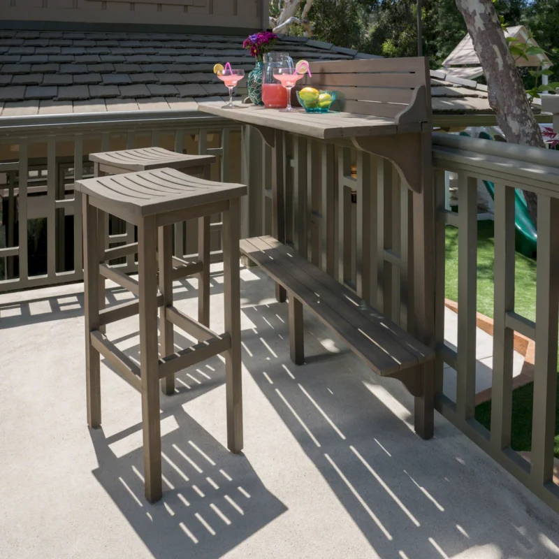 3-Piece Balcony Bar Set with Bottom Shelf Table and 2 Stools, Grey Finish - Image 16