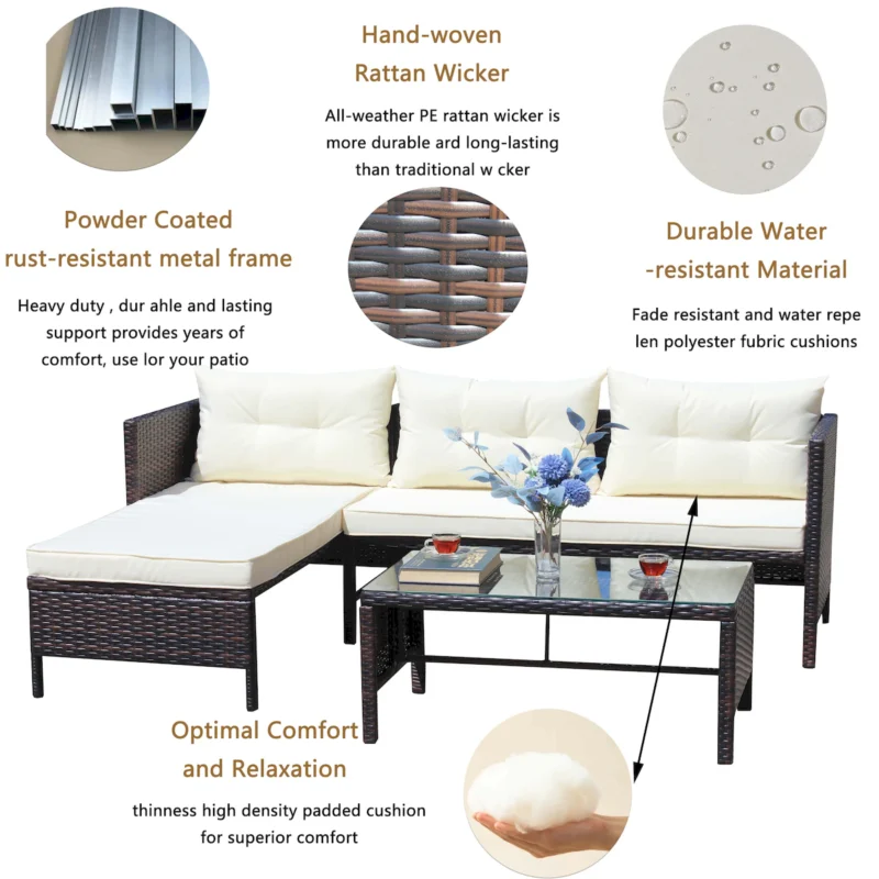 Outdoor patio Furniture sets 3 piece Conversation set wicker Ratten Sectional Sofa With Seat Cushions(Beige Cushion) - Image 9