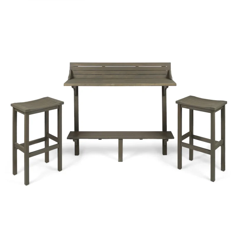 3-Piece Balcony Bar Set with Bottom Shelf Table and 2 Stools, Grey Finish - Image 17