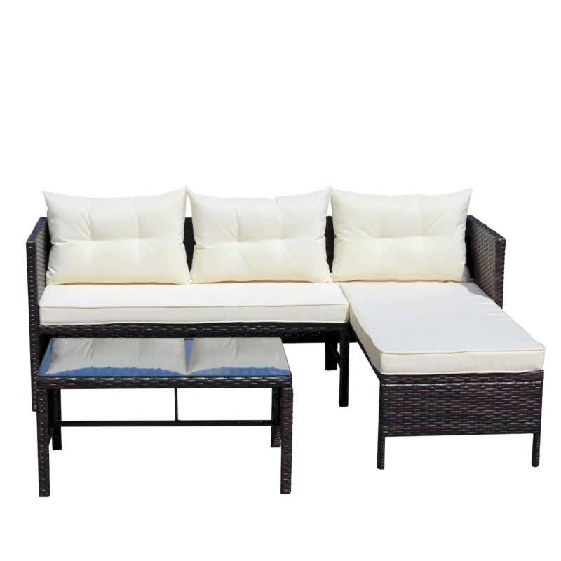 Outdoor patio Furniture sets 3 piece Conversation set wicker Ratten Sectional Sofa With Seat Cushions(Beige Cushion) - Image 10