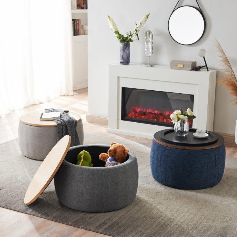 Round Storage Ottoman, 2 in 1 Function, Work as End table and Ottoman - Image 2