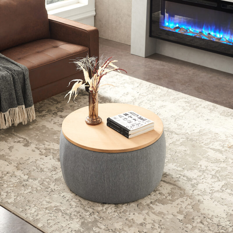 Round Storage Ottoman, 2 in 1 Function, Work as End table and Ottoman - Image 25