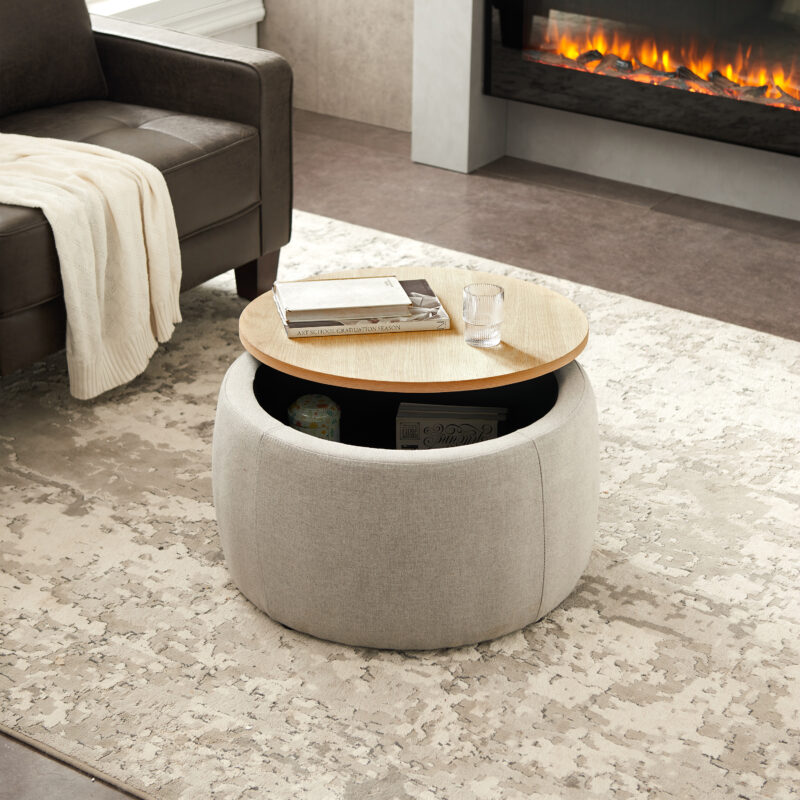 Round Storage Ottoman, 2 in 1 Function, Work as End table and Ottoman - Image 15