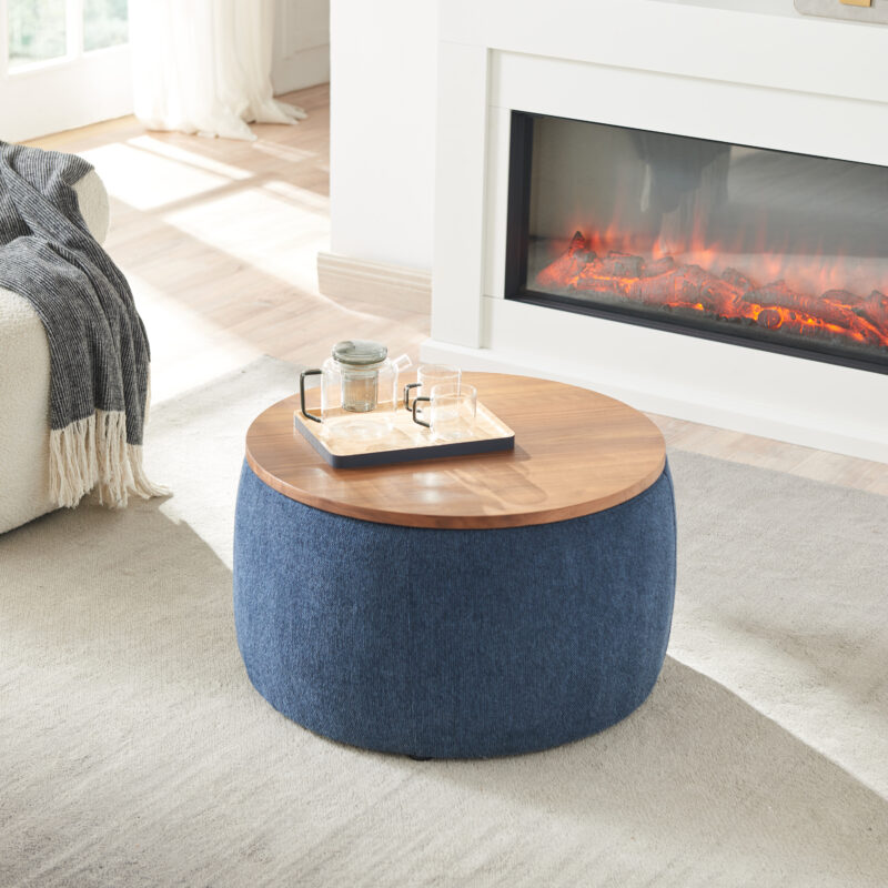 Round Storage Ottoman, 2 in 1 Function, Work as End table and Ottoman - Image 3