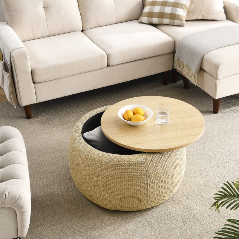 Round Storage Ottoman, 2 in 1 Function, Work as End table and Ottoman - Image 28
