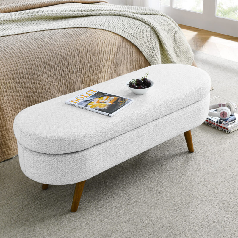 Ottoman Oval Storage Bench,Rubber Wood Legs, Beige(43.5"x16"x16") - Image 2