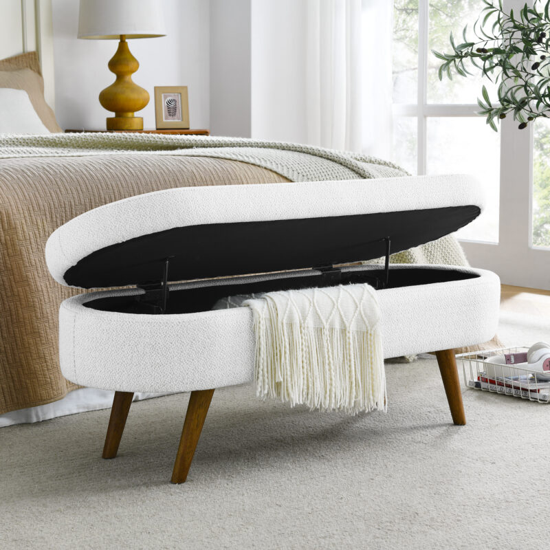 Ottoman Oval Storage Bench,Rubber Wood Legs, Beige(43.5"x16"x16") - Image 5