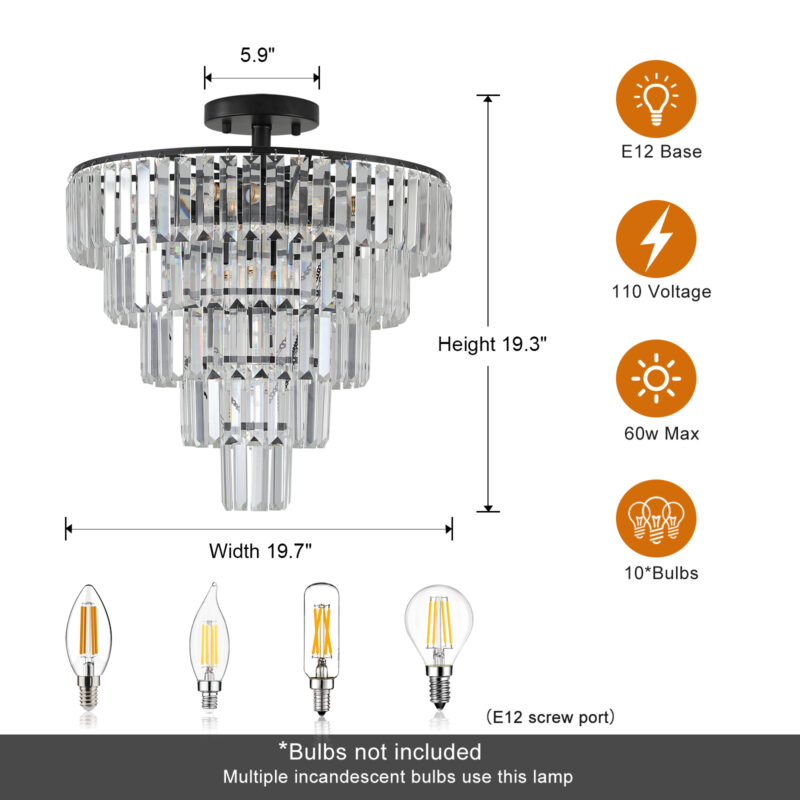 20" Black Crystal Chandelier Ceiling Light, Modern Luxury 10-Light Flush Mount Light Fixture, Elegant Home Lighting for Living Room, Dining Room, Bedroom (No Bulbs) - Image 4