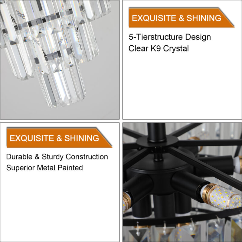 20" Black Crystal Chandelier Ceiling Light, Modern Luxury 10-Light Flush Mount Light Fixture, Elegant Home Lighting for Living Room, Dining Room, Bedroom (No Bulbs) - Image 2