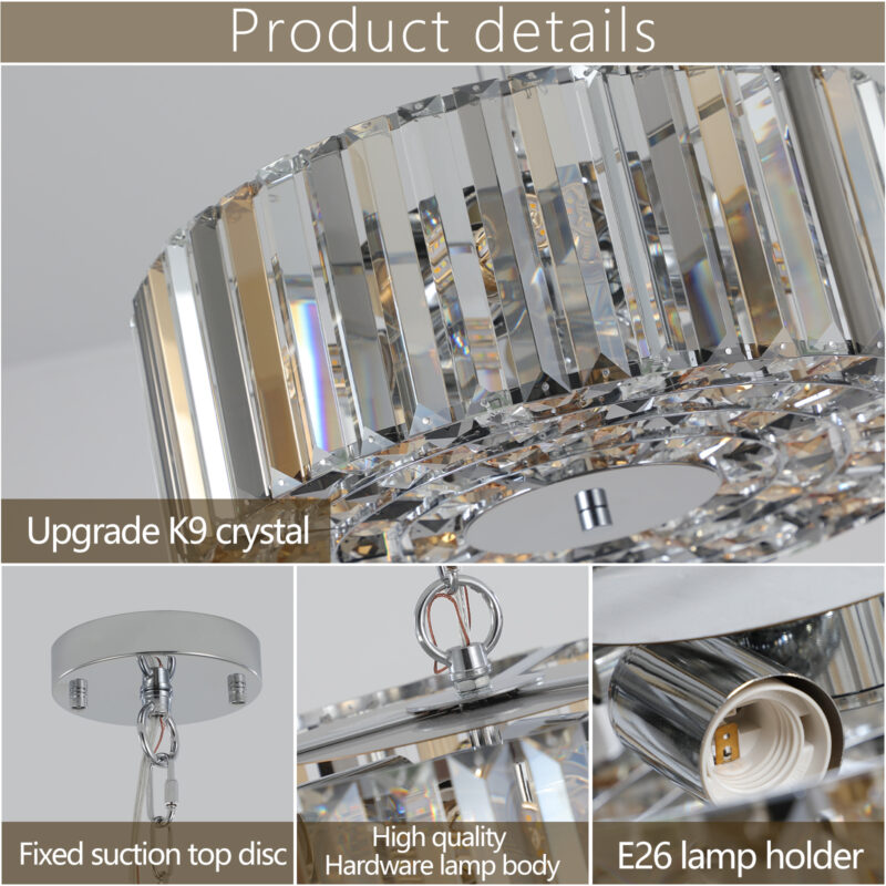 17" Chrome Crystal Pendant Chandelier, Modern Hanging Light Fixture with Adjustable Height, 4-Light E26 Base for Living Room, Dining Room, or Kitchen (No Bulbs) - Image 8