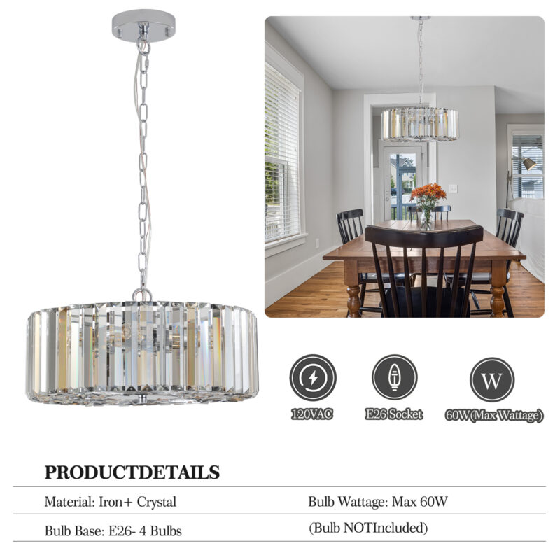 17" Chrome Crystal Pendant Chandelier, Modern Hanging Light Fixture with Adjustable Height, 4-Light E26 Base for Living Room, Dining Room, or Kitchen (No Bulbs) - Image 9
