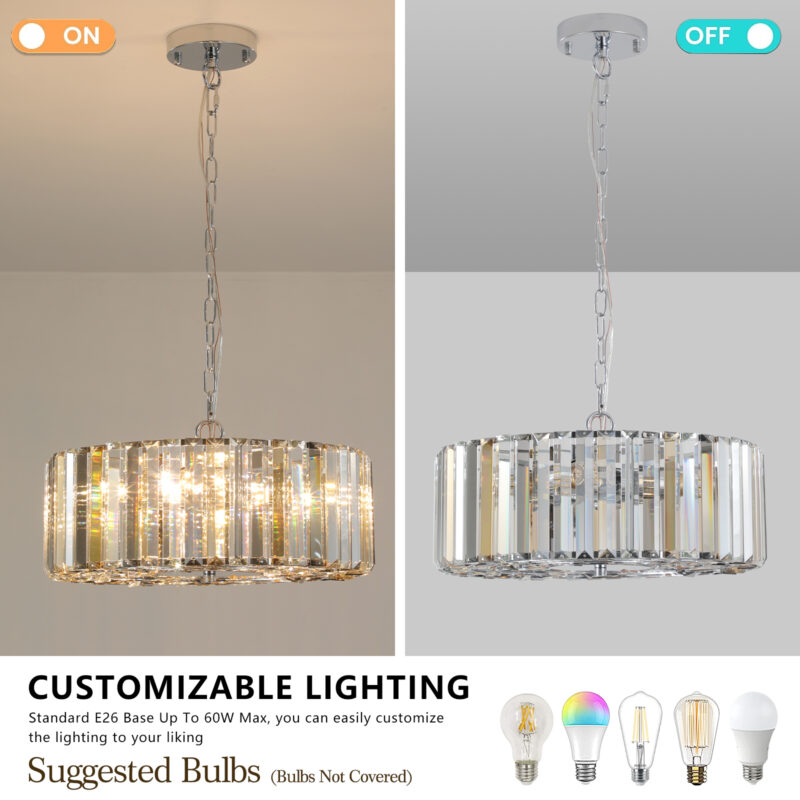 17" Chrome Crystal Pendant Chandelier, Modern Hanging Light Fixture with Adjustable Height, 4-Light E26 Base for Living Room, Dining Room, or Kitchen (No Bulbs) - Image 6