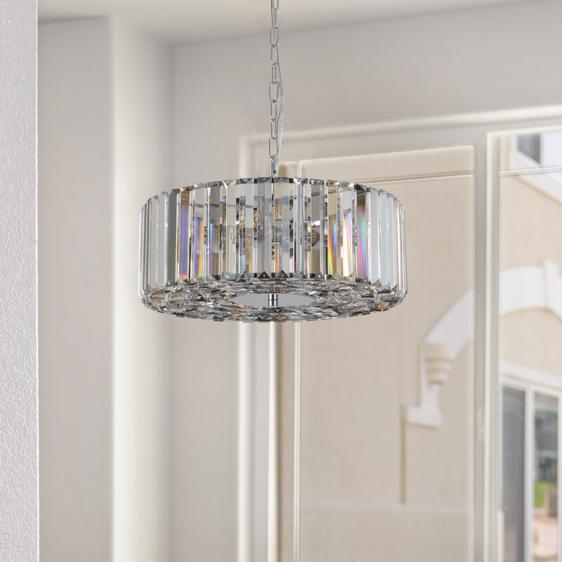 17" Chrome Crystal Pendant Chandelier, Modern Hanging Light Fixture with Adjustable Height, 4-Light E26 Base for Living Room, Dining Room, or Kitchen (No Bulbs) - Image 4