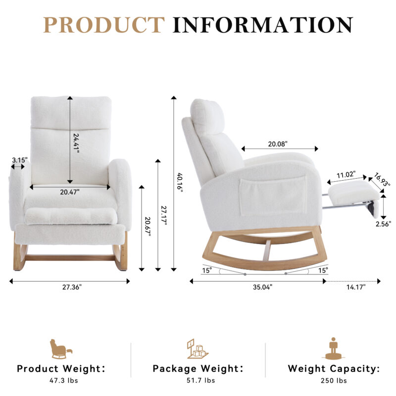 015B-Teddy Fabric Leisure Rocking Chair,Nursery Rocking Chair With Adjustable Footstool,Thickened Headrest And High Backrest, Storage Pocket On The Right Side,The Base Rocker Is Solid Wood - Image 6