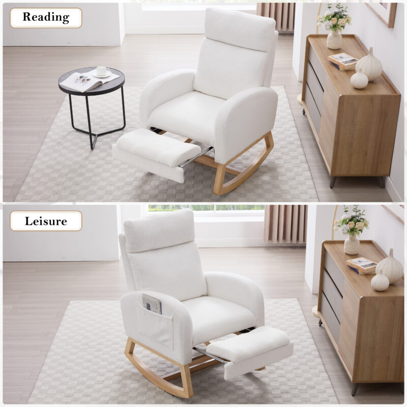 015B-Teddy Fabric Leisure Rocking Chair,Nursery Rocking Chair With Adjustable Footstool,Thickened Headrest And High Backrest, Storage Pocket On The Right Side,The Base Rocker Is Solid Wood - Image 3