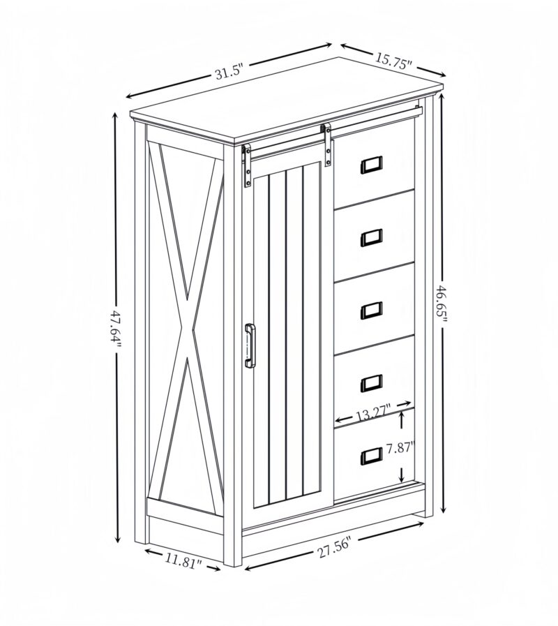 5 Drawers Dresser w/Sliding Barn Door, Farmhouse Modern Tall Dresser 5 Chest of Drawers, Storage Organizer Dresser for Bedroom, Hallway, Living Room, Kids Room WHITE - Image 9