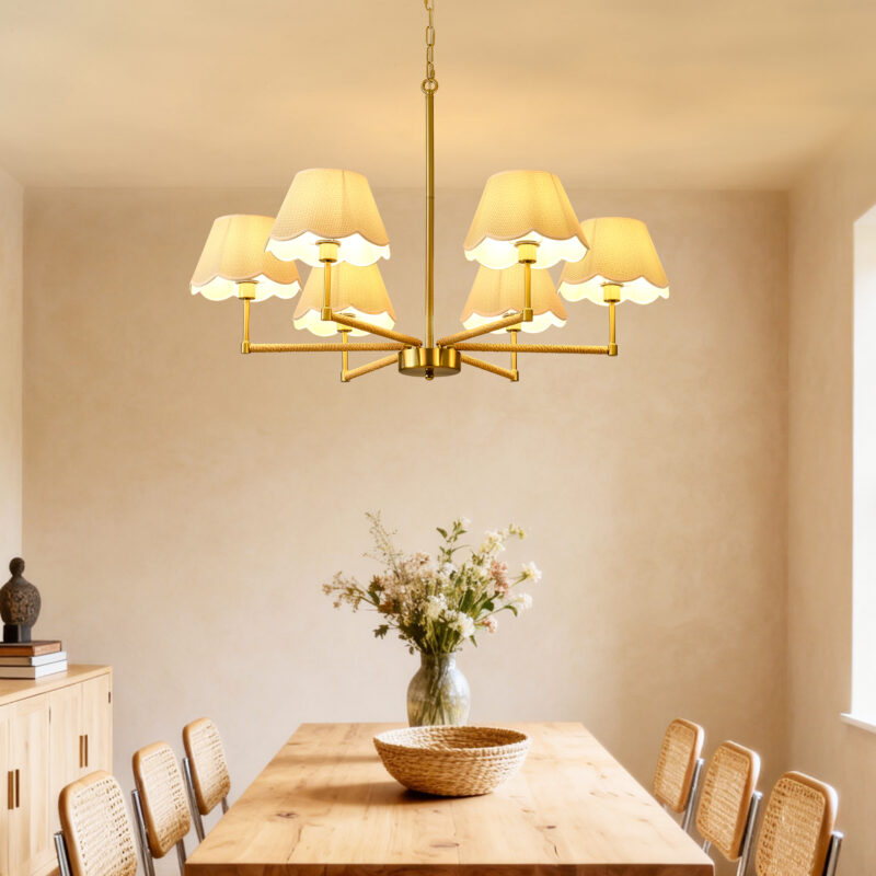 6-Light Rope + Fabric shade Chandelier,Gold Chandelier,Chandelier Romantic Golden,Adjustable Pendant Lights Living Room Dining Room Decoration Lamp Custom Hotel Project Lighting - Gold- - Image 4