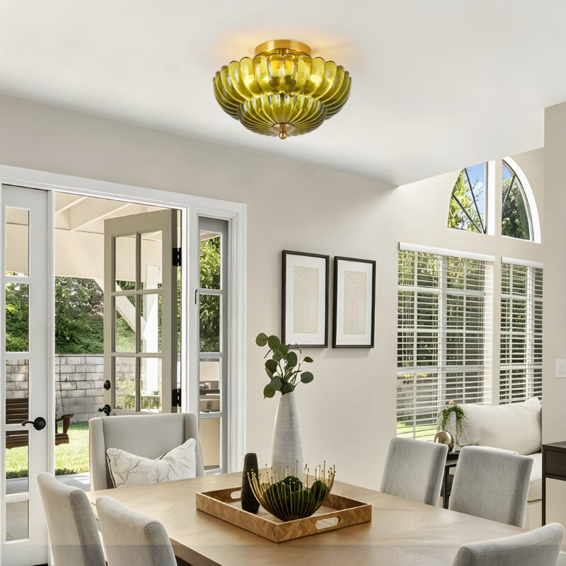 11.8 inch Kitchen Ceiling Light, 3-Light Semi Flush Mount Ceiling Lamp with Flower Glass, Vintage Close to Ceiling Light Fixtures for Bathroom Bedroom Hallway Entryway, Green - Image 2