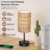Touch Table Lamp For Bedroom with Bulb, Boho Small Desk Lamp For Living Room With Rattan & Linen Shade, 3 Way Dimmable Bedside Table Lamp For Nightstand With USB Charging Port & Phone Stand For Office - Image 2