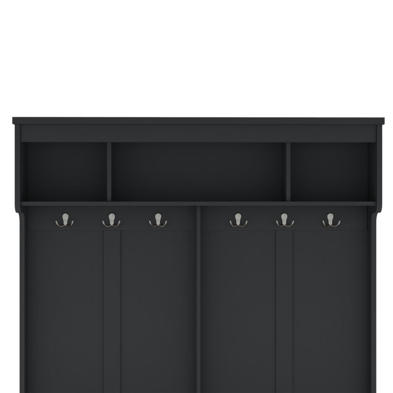 Modern Hallway Hall Tree with Metal Hooks and Storage Space, Multi-Functional Entryway Coat Rack with Shoe Cubbies, Black - Image 8