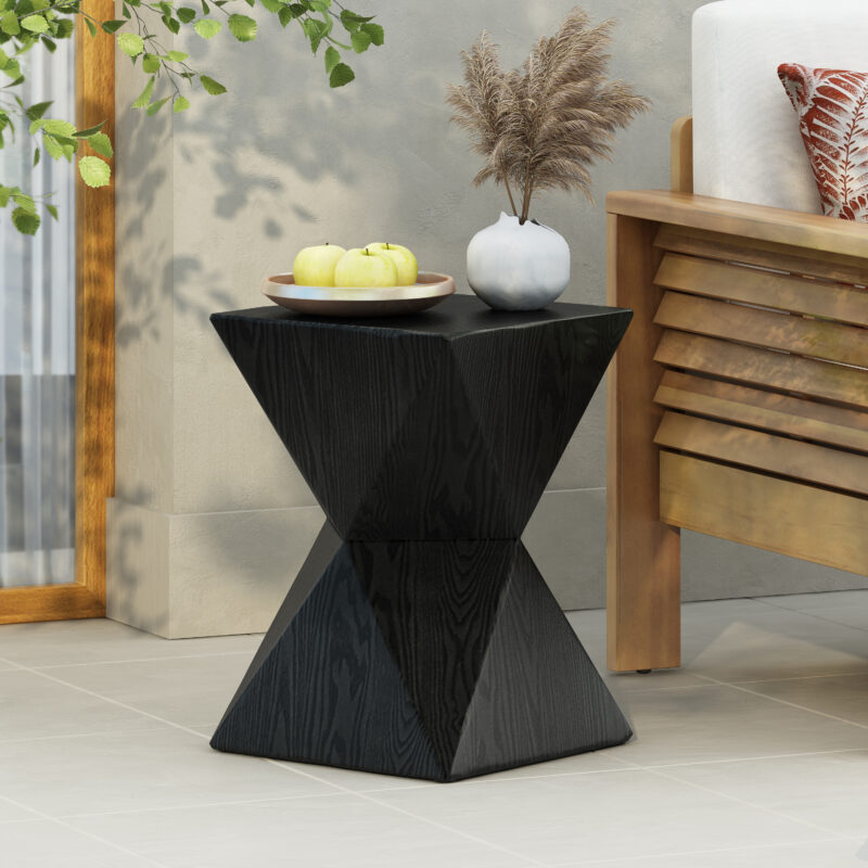 14.25" Black Prismatic Symmetry Concrete Side Table with Smooth Wood Grain Texture and Modern Prismatic Shape – Weather-Resistant Accent for Patio, Garden, or Balcony - Image 2