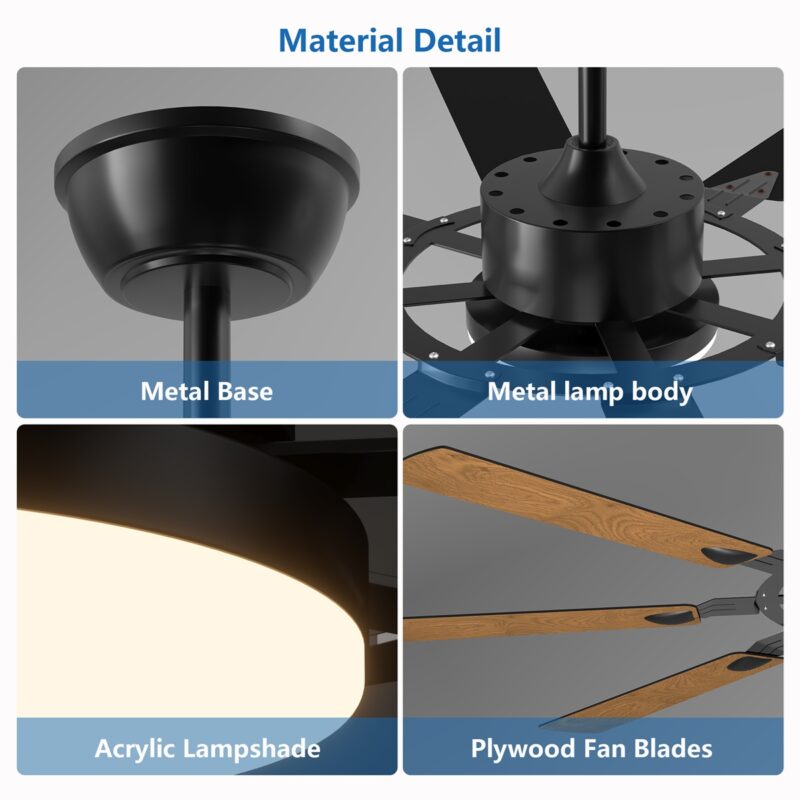 60 Inch Ceiling Fan with Lights and Remote Control, 8 Plywood Blades, 6-Speed Noiseless Reversible DC Motor, 3CCT, Windmill Ceiling fan for Kitchen Bedroom Living Room, Black - Image 8