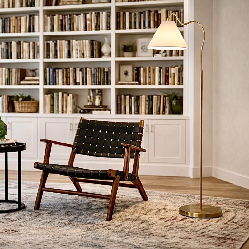 Majestic Brass Ring Base Curved Floor Lamp with Triangle White Drum Shade - Image 8