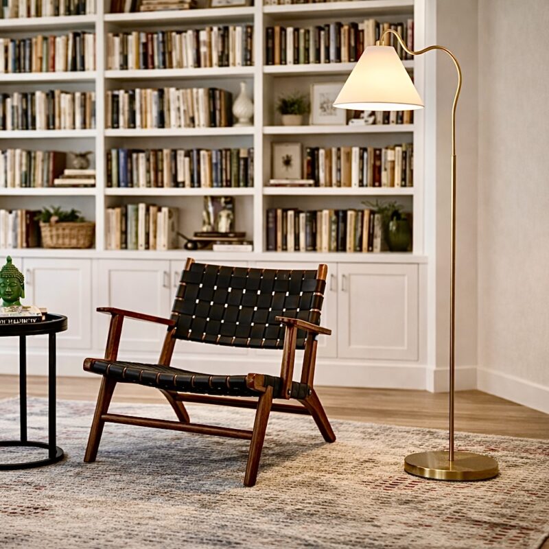 Majestic Brass Ring Base Curved Floor Lamp with Triangle White Drum Shade - Image 7