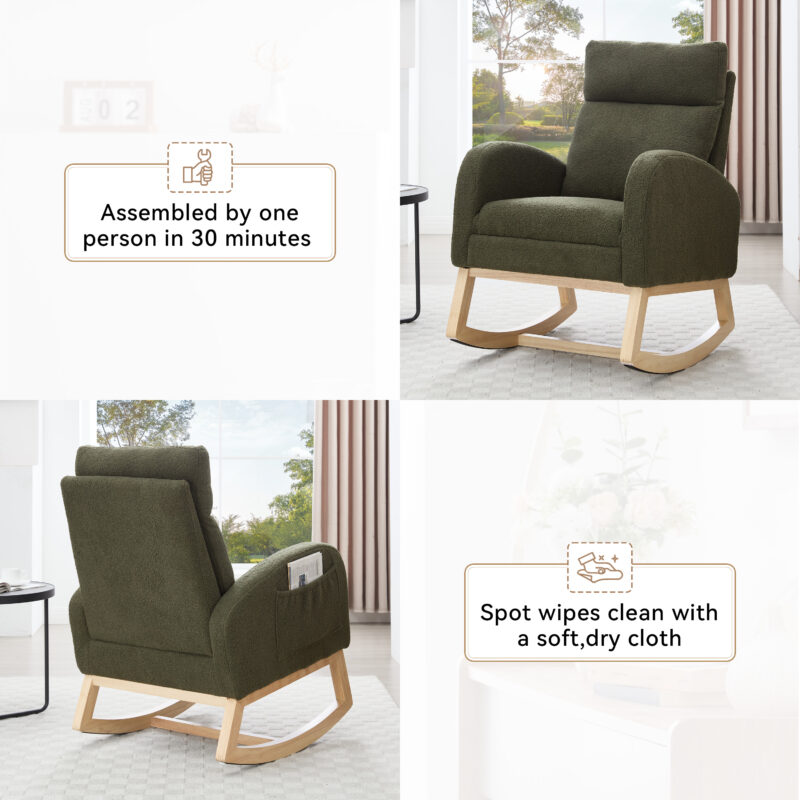 015B-Teddy Fabric Leisure Rocking Chair,Nursery Rocking Chair With Adjustable Footstool,Thickened Headrest And High Backrest, Storage Pocket On The Right Side,The Base Rocker Is Solid Wood - Image 9
