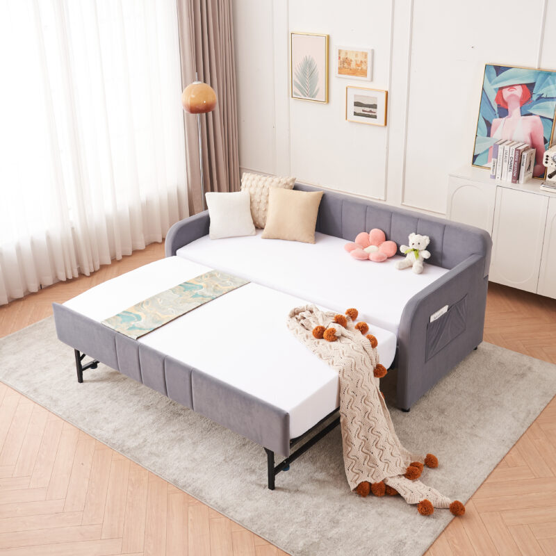 Twin Upholstered Daybed Frame with Trundle, Twin Size Sofa Bed for Bedroom Living Room Guest Room, Wood Slat Support - Image 12