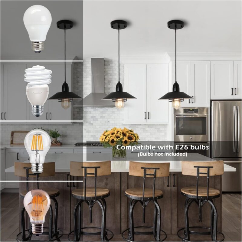 Farmhouse Vintage Pendant Light Black Fixture Pendant Lights with Spring Frame Adjustable Metal Hanging Lamp for Kitchen Island Dining Room Bedroom Living Room Barn Entryy, E26 - Image 5