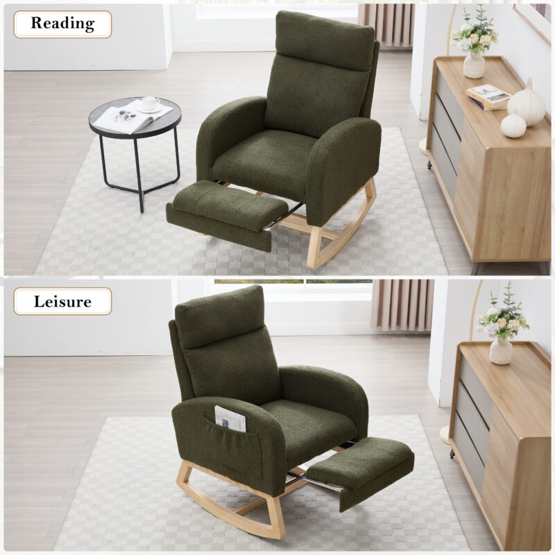 015B-Teddy Fabric Leisure Rocking Chair,Nursery Rocking Chair With Adjustable Footstool,Thickened Headrest And High Backrest, Storage Pocket On The Right Side,The Base Rocker Is Solid Wood - Image 11