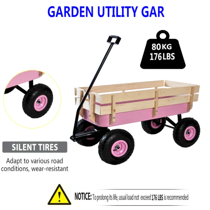 Outdoor Wagon All Terrain Pulling w/Wood Railing Air Tires Garden Cart - Image 16