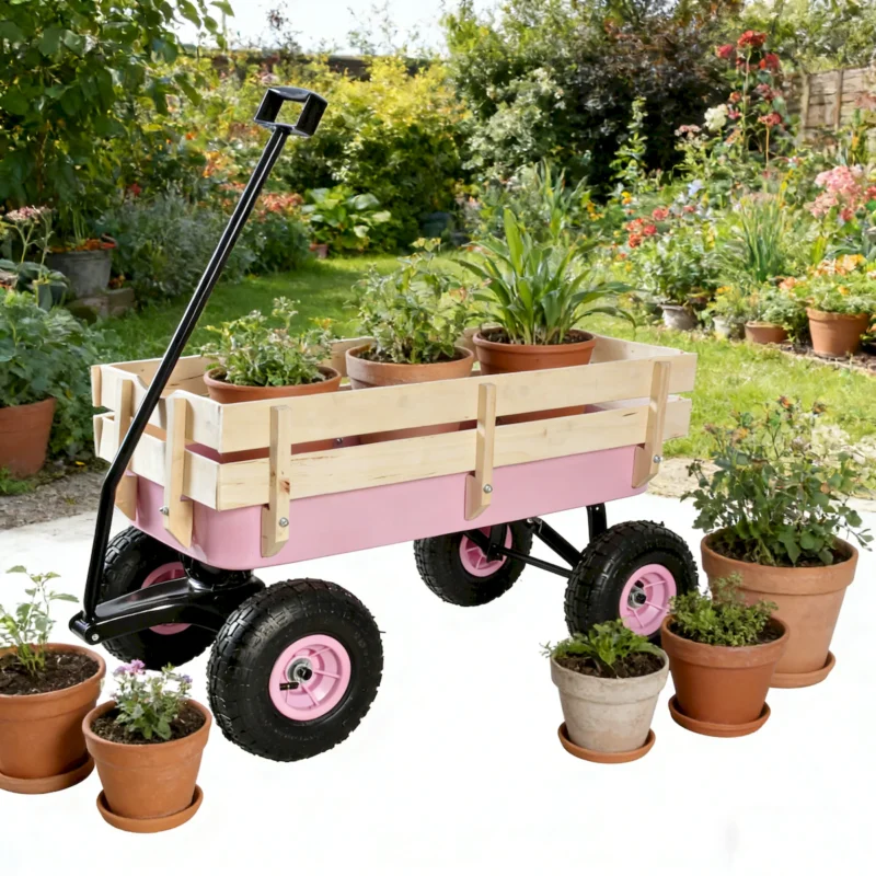 Outdoor Wagon All Terrain Pulling w/Wood Railing Air Tires Garden Cart - Image 3