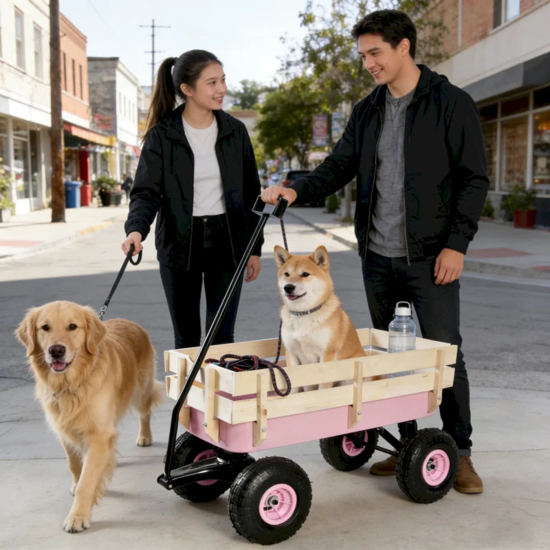 Outdoor Wagon All Terrain Pulling w/Wood Railing Air Tires Garden Cart - Image 6