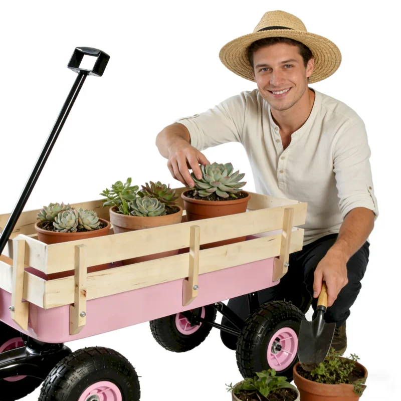 Outdoor Wagon All Terrain Pulling w/Wood Railing Air Tires Garden Cart - Image 7